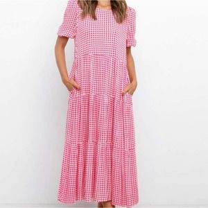 NEW Petal & Pup Pink And White Gingham plaid Rizzo Midi Dress NWT